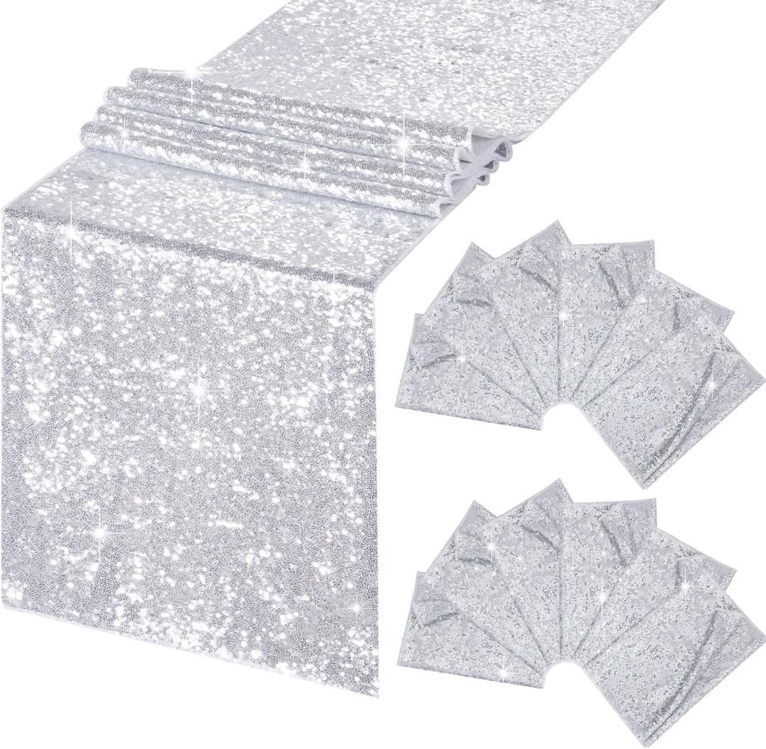 B-COOL Silver Sequin Table Runner Glitter Sparkly Table Runner 12 Packs 12x72 Inch for Dining Engagement Outdoor Wedding Party Birthday Holiday Decor