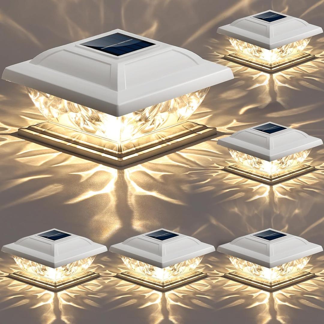 Brizled Solar Post Lights, 6 Pack LED Solar Fence Cap Lights for 4x4 5x5 6x6 Wooden Posts, Warm White Fence Top Post Light Column Landscape Outdoor Lighting for Outside Garden Patio Yard (Warm White ( Water Ripple) - White Shell)