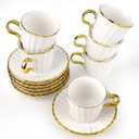 Espresso Cups with Saucers, 3.5 oz Turkish Coffee Cup With Gold Trim, Ceramic Tea Cups for Espresso Cappuccino Latte Mocha, Idea Gift, Dishwasher & Microwave Safe (Gold)