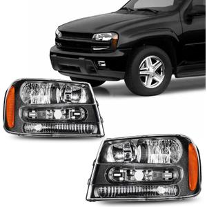 PHILTOP Headlights Assembly for 2002-2009 Chevy Trailblazer,2002-2006 Trailblazer EXT,Pair Halogen Headlamp Black Housing Clear Lens Amber Reflector OE Replacement Driver and Passenger Side