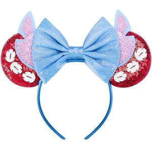 RAZKO Mouse Ears Headband, Red Mice Ears Headband with Sequin Shiny Ears and Bow for Women Girls Hair Accessories(Red Stitchy)