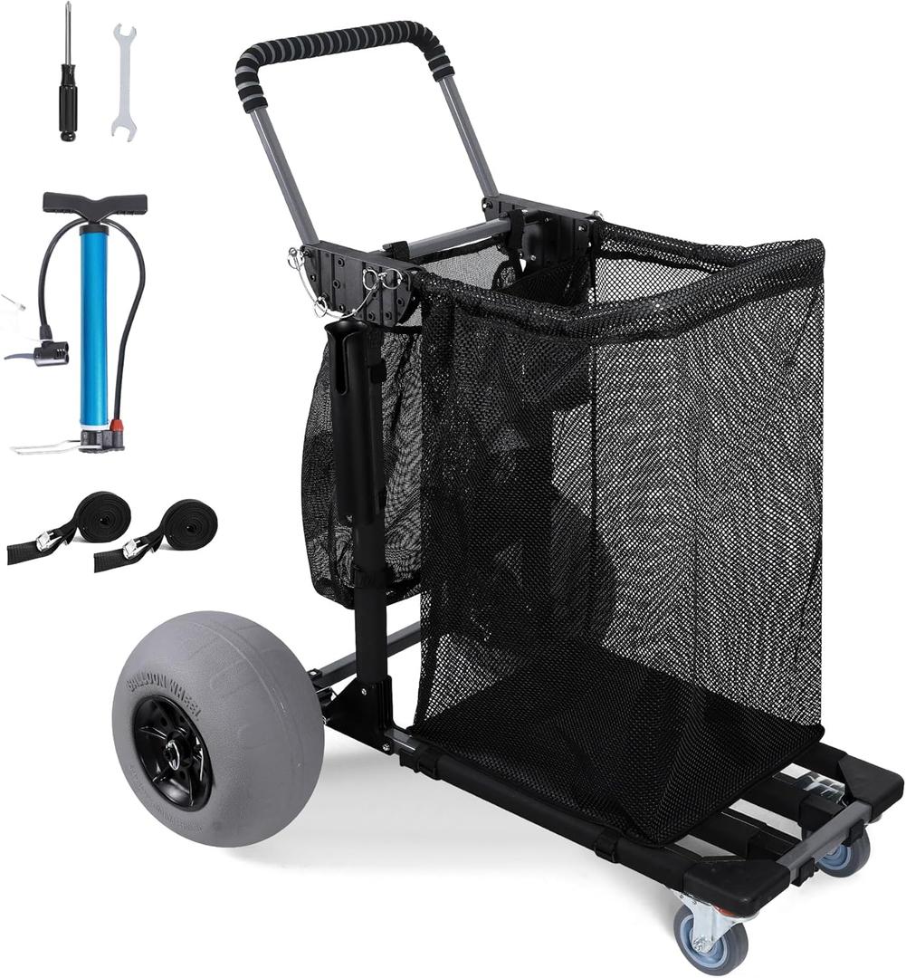 Beach Cart Foldable Fishing Trolley with 12 inch Balloon Wheels for Sand All-Terrain (Black)