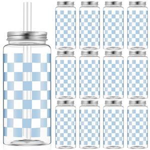 Patelai 12 Pack Light Blue Gingham Cups 13.5 oz Clear Blue Checkered Plastic Cups with Lid and Straw Reusable Plastic Plaid Tumbler for Baby Shower Wedding Birthday Bachelor Party Supplies