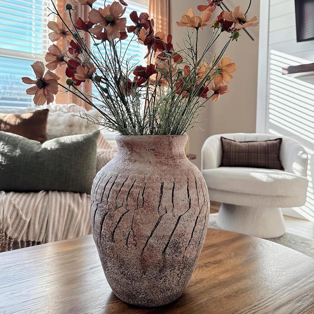 ALMA Handcrafted Crackle Stone Textured Terracotta Vase 12 Inch Tall|Decorative Big Floor Vase for Modern Farmhouse Home Decor|Large Rustic Pottery for Floor, Living Room Decor Aesthetic (Peachy Beige)