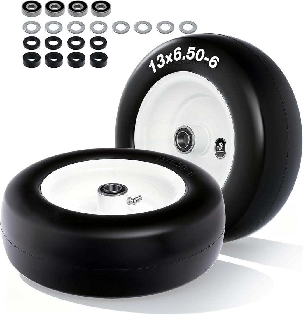 13x6.50-6 Flat Free Lawn Mower Tires and Wheel with 3/4" bearing bore Flat-Free, with 5/8 Bearings & Spacers, Fits Riding Mower, Zero Turn, Garden Tractor, 500 lbs Capacity, 2-Pack