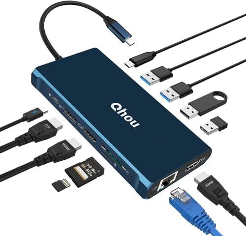 Docking Station, Triple Display Docking Station, 12 in 1 USB C HUB with 2 * 4K HDMI, 1 VGA, 100W PD, 4*USB 3.0, Gigabit Ethernet, SD/TF, Audio, Compatible with Tablets, Laptopss