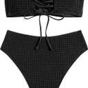 ZAFUL Women's High Cut Bandeau Bikini Set Strapless Solid Color 2 Pieces Bathing Suit Swimsuit, Large