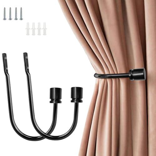 Coolnice Curtain Holdback, 2 Pack Wall Mounted Drapery Tiebacks with Screws, Heavy Duty Metal Decorative Window Drapery Holder Curtain Hook U Shape for Home Office, Black