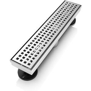 12 Inch Linear Shower Drain Rectangular Floor Drain with Accessories Square Hole Pattern Cover Grate Removable SUS304 Stainless Steel CUPC Certified Brushed
