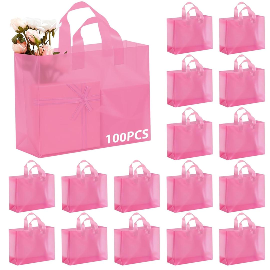 Amylove 100 Pcs Mother's Day Large Gift Bags Bulk Frosted Rose Pink Plastic Bags with Handles for Mother Teacher Party Favors Boutique Retail Small Business Wedding Gift Packaging 16"x 12"x 6"