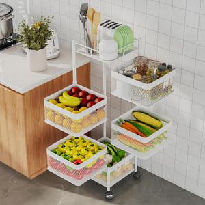 Fruit Basket for Kitchen No Assembly, Rotating Kitchen Storage Rack, Bathroom Shelf, Organizers and Storage Cart on Rolling Wheels Potato and Onion Storage Organizer (White, 5 Tier-Square)
