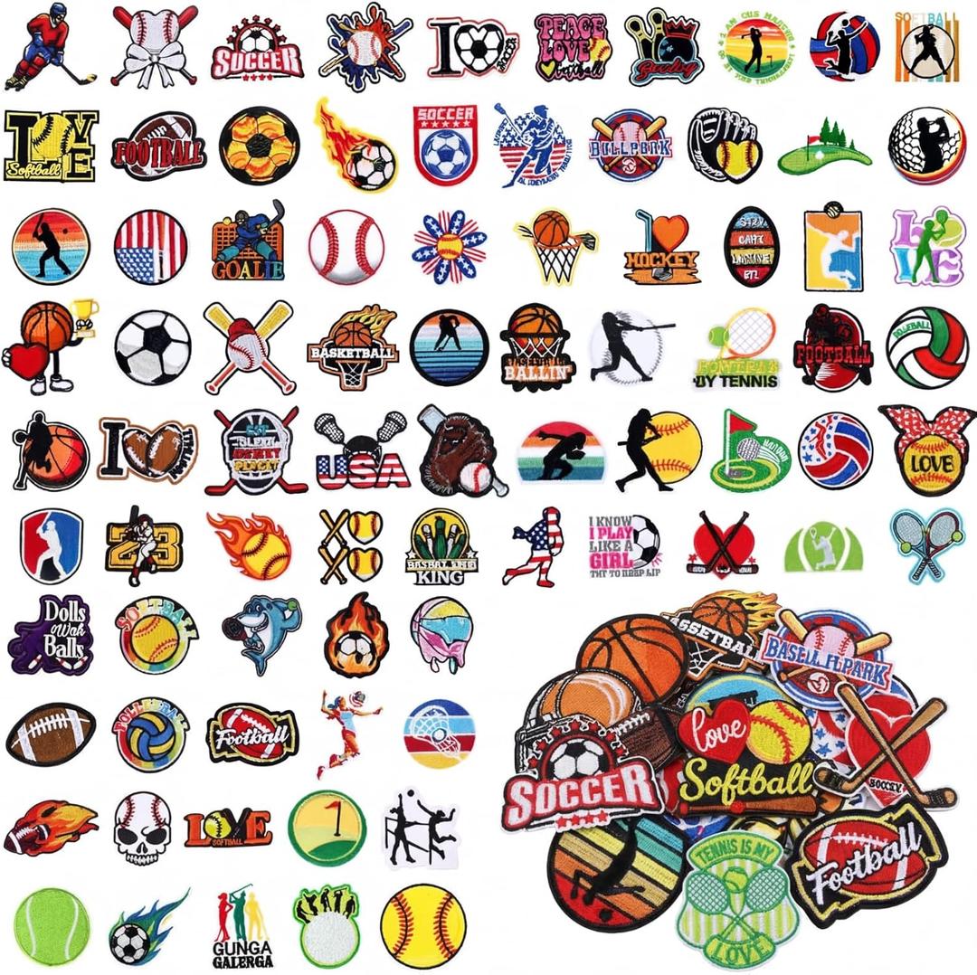 Janinka 100 Pcs Sports Iron on Patches Soccer Football Baseball Basketball Embroidery Applique Patches for Players Coaches Sports Lovers Fans Hats Clothes Jackets Jeans Dress Backpacks Bags Accessory