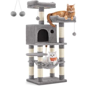 Feandrea Cat Tree, 44.1-Inch Cat Tower for Indoor Cats, Multi-Level Cat Condo with 11 Scratching Posts, 2 Perches, Cave, Hammock, Light Gray UPCT215W01