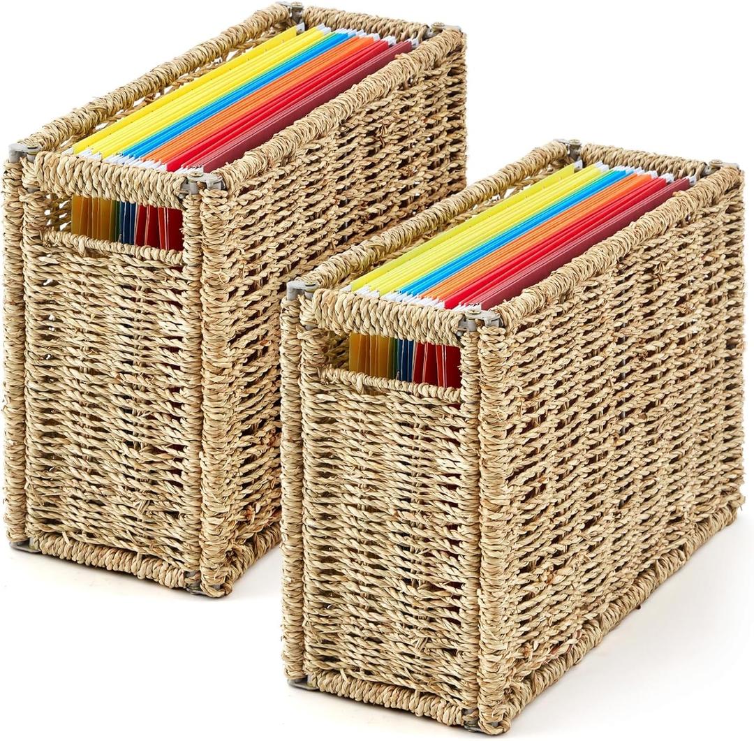2 Pcs Seagrass Hanging File Box 14.5 x 6 x 10.8 Inch Collapsible Portable Decorative Filing Basket, Letter Size Woven File Organizer Decorative Storage Basket for Home Office Document Filing Decor