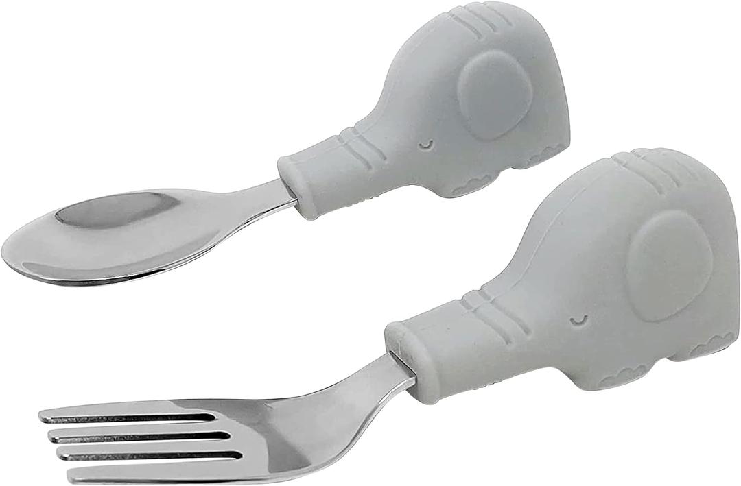 Tiny Twinkle Easy Grip Toddler Utensils Spoon and Fork Set - BPA & Phthalate Free Utensil Sets, Kids Silverware With Silicone Handle, Baby Led Weaning Supplies for 12 Months & Up (Grey Elephant)