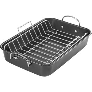 KITESSENSU Nonstick Roasting Pan with Rack 15 x 11 inch - Turkey Roaster Pan for Ovens - Wider Handles & Heavy Duty Construction, Gray