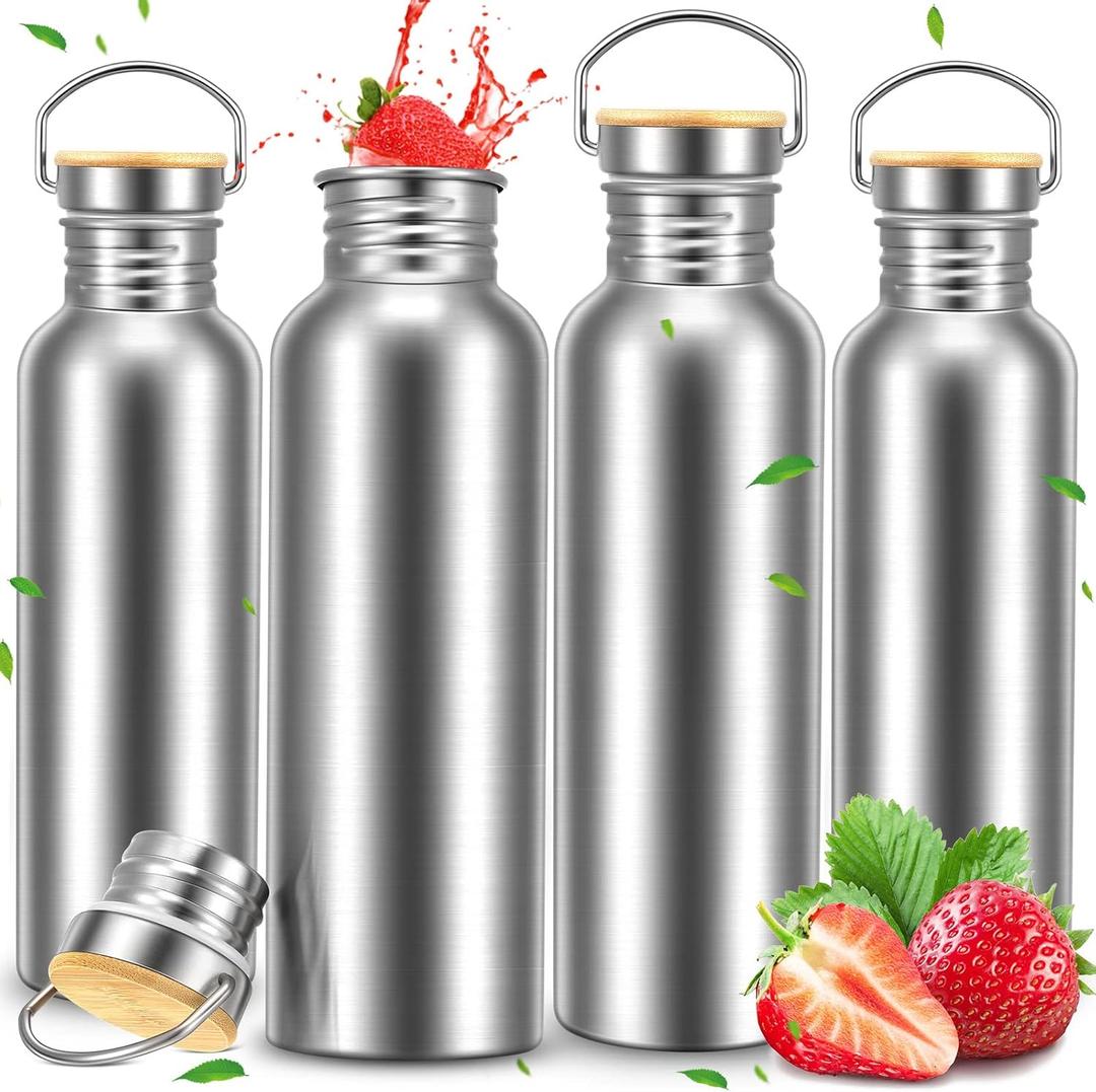 CHENGU 4 Pieces 34oz Single Wall Stainless Steel Water Bottles with Handle and Bamboo Lid Large Leakproof Metal Camping Bottles for Sports, Cyclists, Runners