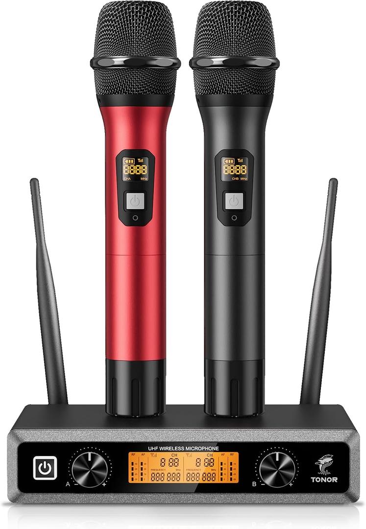 Wireless Microphone System, TONOR Professional Metal Cordless Karaoke Microphones, Handheld Dynamic Mic Set with Receiver for Party, Meeting, KTV, Church, DJ, Wedding, Singing, 200ft, TW820 Black &Red