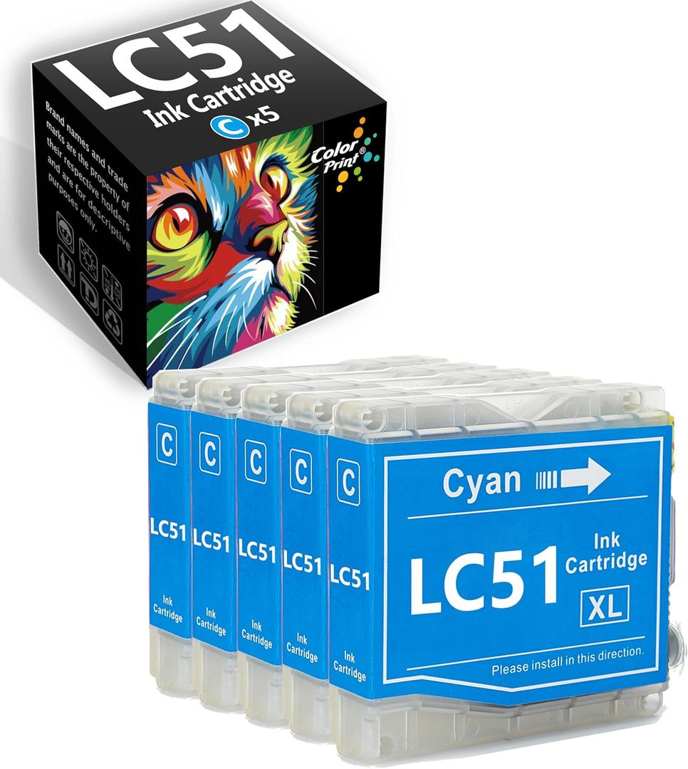 Compatible LC51 Ink Cartridge Replacement for Brother LC-51 LC51CL LC51C for DCP-130C DCP-357C DCP-560CN DCP-770CW MFC-230C MFC-240C MFC-465CN MFC-5860CN MFC-885CW Printer (5-Pack, Cyan)