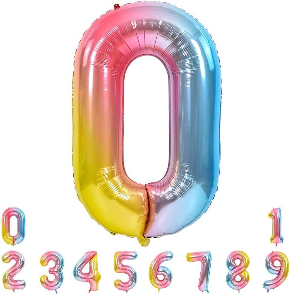 DecorWoo 40 inch Rainbow Number 0 Balloon, Colorful Gradient Number 0 Birthday Balloons, Large Number Foil Balloons for Party Supplies Wedding Anniversary Events Decorations, Pack Of 4 