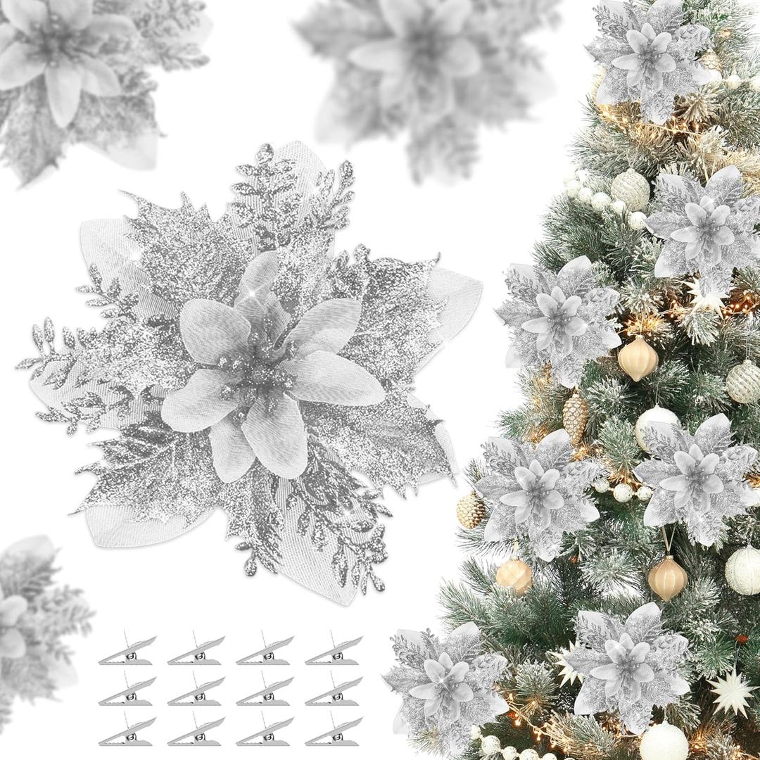 36 Pcs Glitter Poinsettia Flowers Artificial Ornaments Fake Flowers Christmas Decorations Glitzy Poinsettia with Clips Christmas Decor for Xmas Tree Wreaths Ornaments (Silver)