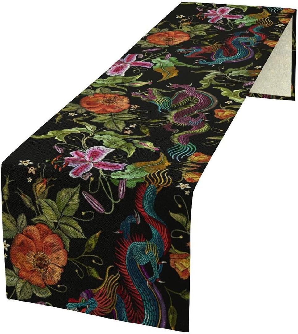 Asian Dragon Table Runner, Chinese Traditional Folk Embroidery Colorful Dragon Red Roses Print Kitchen Dining Table Runner for Indoor Outdoor Home Party Holiday Decor, 13x60inch (W13"x L60")