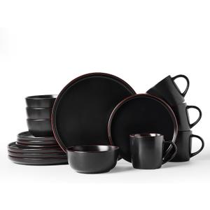 Famiware Mercury Dinnerware Sets with Mugs, Service for 4 (16 Pieces), Plates and Bowls Sets, Microwave and Dishwasher Safe Dishes Set, Matte Black