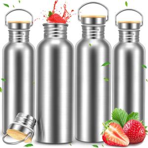 CHENGU 4 Pieces 34oz Single Wall Stainless Steel Water Bottles with Handle and Bamboo Lid Large Leakproof Metal Camping Bottles for Sports, Cyclists, Runners
