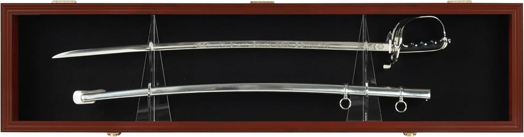 Sword Display Case Cabinet Stand Holder Wall Rack Holds Military Saber or Samurai Sword Lockable UV Protection Door Black Felt Inside, with Mahogany Finish Frame