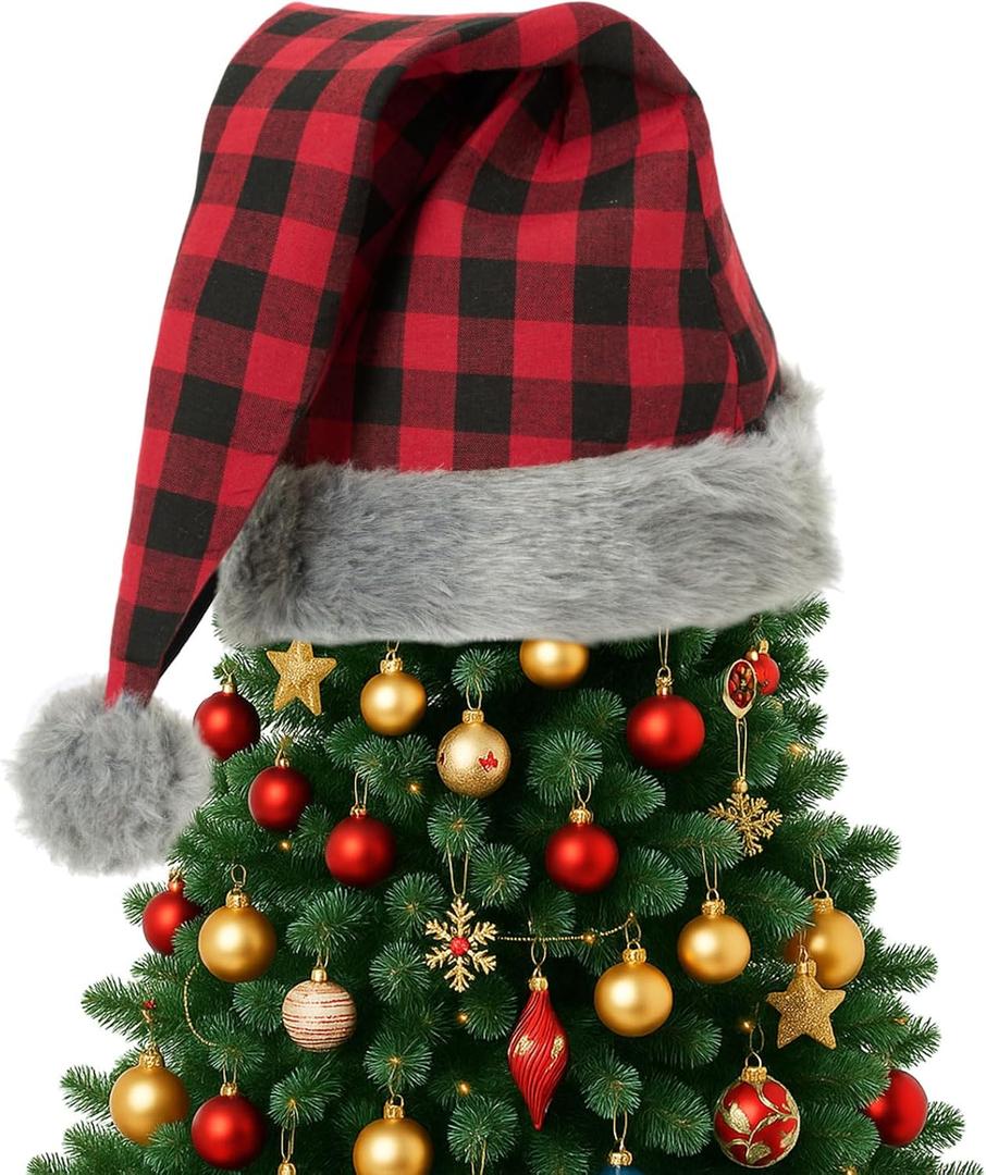 Gejoy 30'' x 16'' Christmas Tree Topper Hat Large Plush Red Black Striped Plaid Santa Hat Christmas Tree Ornaments for Winter Xmas Holidays Party Decorations(Red and Black Plaid,Cotton)