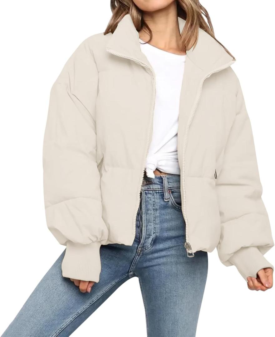 Womens Winter Cropped Puffer Jacket Coat Casual Quilted Baggy Long Sleeve Zip Down Jackets Outerwear (Beige, S)