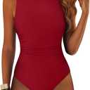 ANRABESS Women Swimsuits One Piece Tummy Control Full Coverage Backless Bathing Suit Ruched Swim Suit Beach Vacation Swimwear (X-Large, Red)