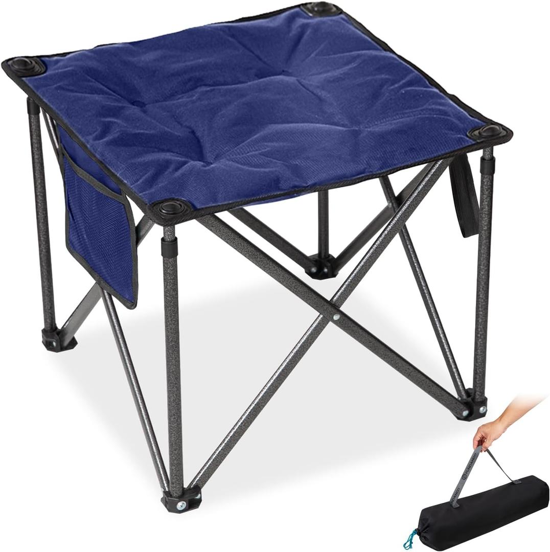 FUNDANGO Oversized Camping Stool for Adults,Thick Padded 18.1 Inch Folding Ottoman Foot Rest, 440 Lbs Heavy Duty Outdoor Camp Chairs with Anti-Slip Foots & Carry Bag for Fishing Travel (Blue)