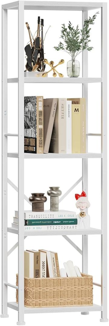 Furologee White Bookshelf 5 Tier Bookcase, Tall Narrow Bookshelves, Modern Freestanding Shelf Units, Metal and Wood Display Storage Corner Shelves Organizer for Bedroom, Living Room, Office, Bathroom