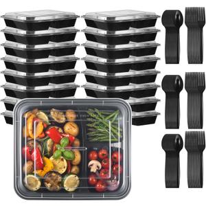 Tanlade 20 Pcs 28 oz 3 Compartment Meal Prep Food Containers with Lids, Disposable Plastic Bento Boxes with 20 Sets Forks and Spoons, Sturdy Leakproof for Microwave-safe Heating Take out(Black)
