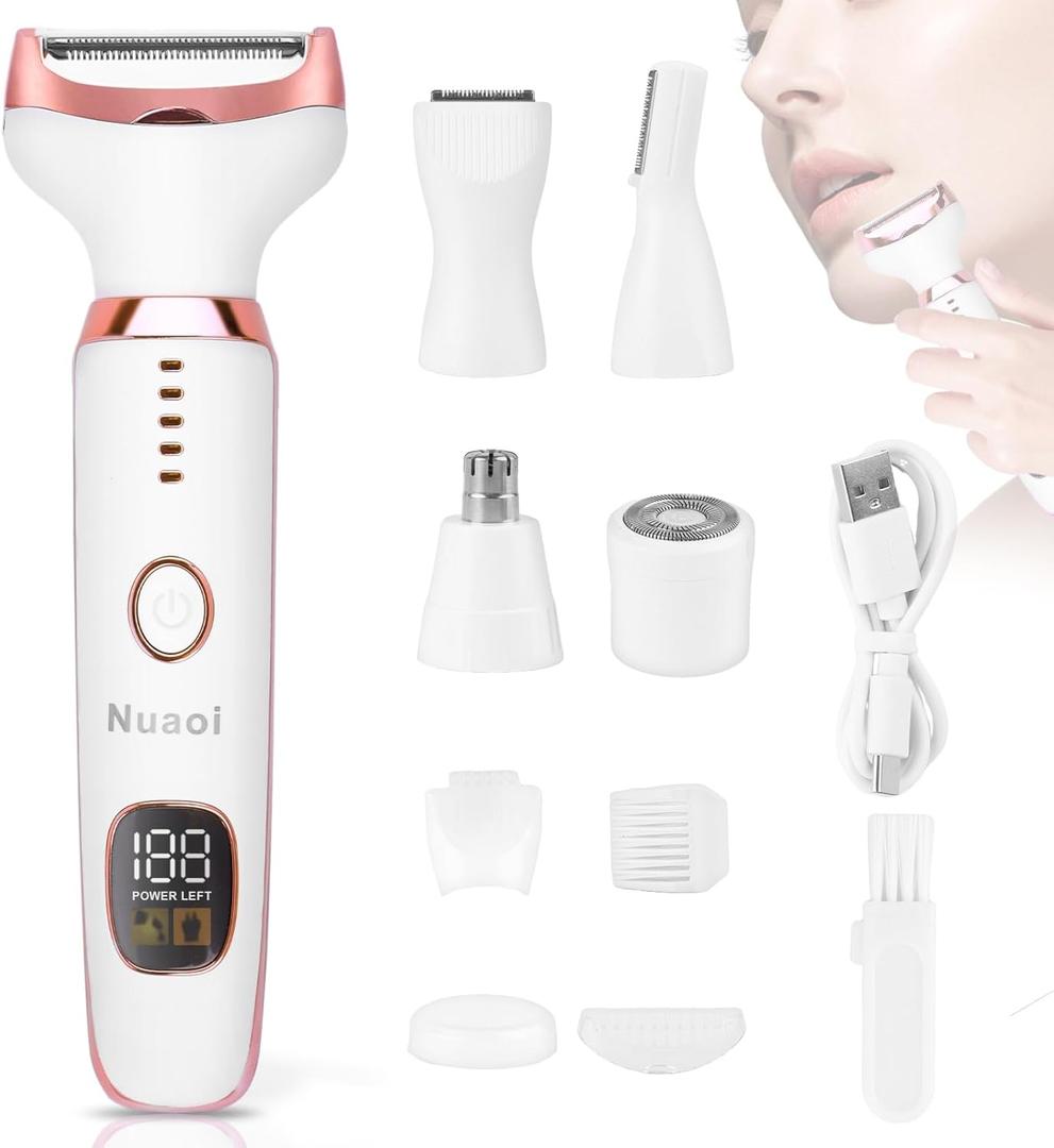 Electric Shaver Razors for Women - 5 in 1 Bikini Trimmer for Women Body Hair Trimmer Facial Hair Removal Cordless Rechargeable Body Shaver for Face Chin Arms Underarm Legs Arms Eyebrow