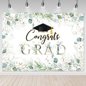 Mocsicka Greenery Graduation Backdrop 7x5ft Congrats Grad Class of 2025 Graduate Party Background Green Golden Leaves Graduation Party Decorations Photography Background