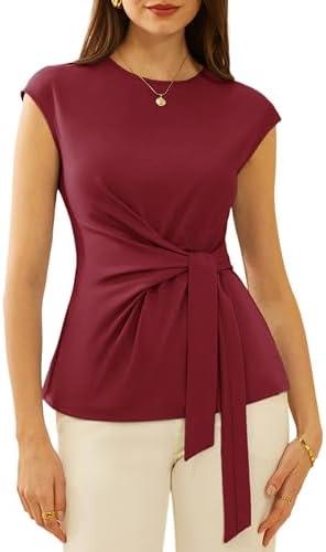 GRACE KARIN Womens Cap Sleeve Tops 2025 Summer Tie Waist Crew Neck Elegant Blouse Dressy Casual Work Business Shirts, 2XL