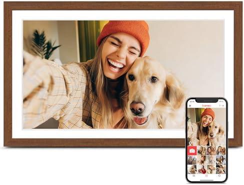 Digital Picture Frame, 15.6 Inch Frameo Digital Frame WiFi, 1920 * 1080 IPS FHD Touchscreen, 32GB, Tabletop&Wall-Mounted, Share Picture Video, Large Electric Photo Frame, Mom Gifts, Teak Woodgrain