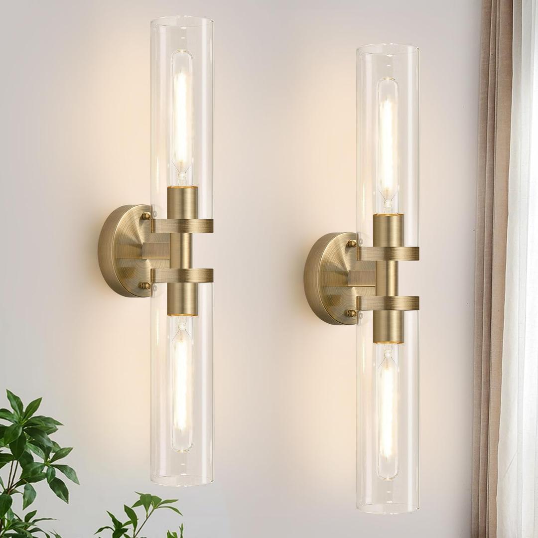 Wall Sconces Set of Two, Hardwired Brass Bathroom Sconces Wall Lighting with Clear Glass, Modern Sconces Wall Decor Set of 2 Vanity Light fixtures for Bathroom Mirror Bedroom (Bulbs Not Included), 22inch - 2pc