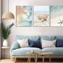 3pcs Beach Coast Canvas Wall Art Summer Beach Ocean Waves Shells Starfish Print Decoration Painting Blue Ocean Posters Prints for Living Room Bedroom Kitchen Sea View Room Wall Decor 16×24Inch, 16×24Inch Framed