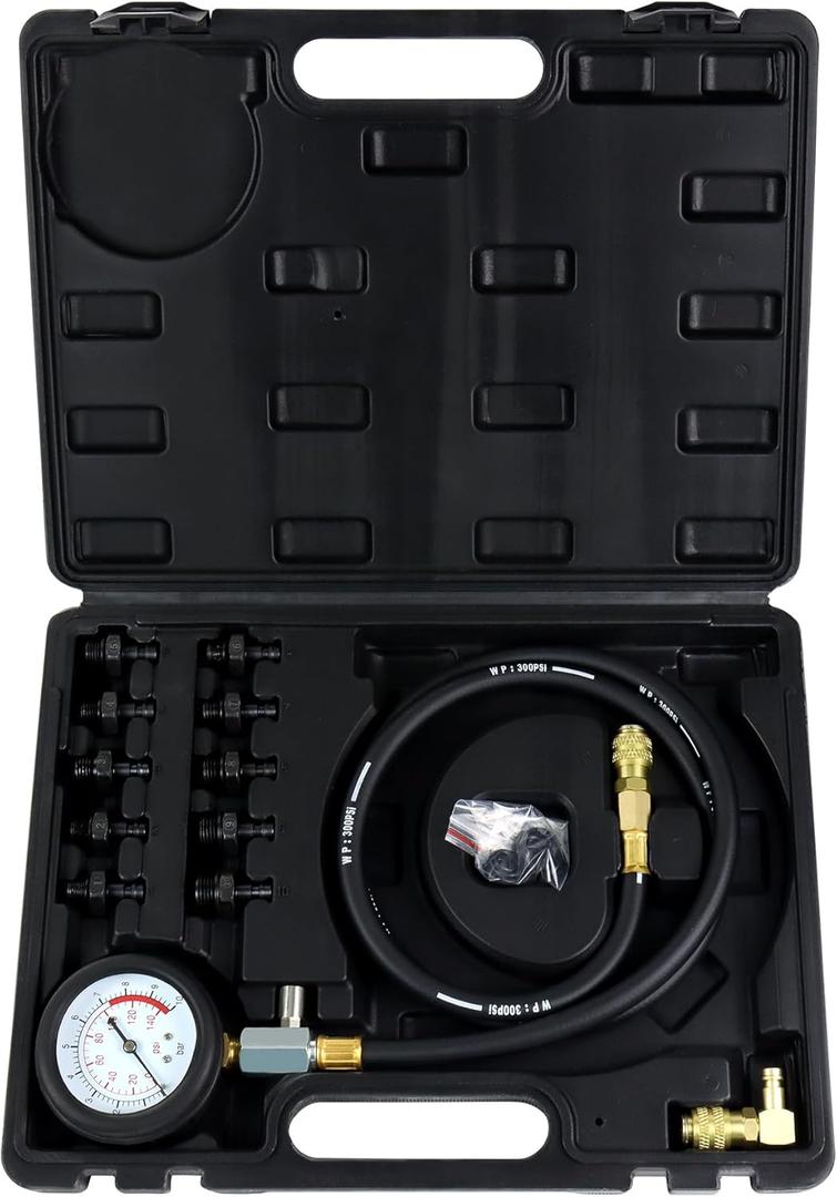 JoyFans Oil Pressure Tester Tool, 0-140PSI Oil Pressure Gauge Kit for Fuel System Mechanical Sensor Engine Cylinder Compression Test with Hose Adapters for Cars ATVs Trucks Use Black Case