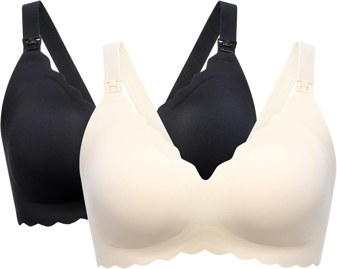 Momcozy Nursing Bras for Breastfeeding, Seamless Pregnancy Maternity Bra Wireless Classic Jelly Strip Support Nursing Bra (X-Large, 2 Pack-Black,Cream)