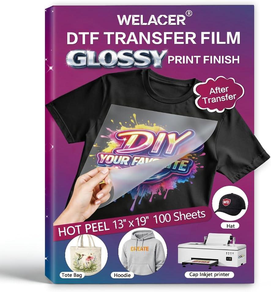 DTF Transfer Film, 13x19 inch 100 Sheets  Glossy Transfer Finish, Double-Sided Coated PET Film, Hot & Cold Peel Compatible