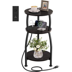 Round Side Table with Power Outlet & USB Ports, 3-Tier End Table with Storage Shelf, Modern Rustic Nightstand, Small Spaces Accent Table for Living Room Bedroom, Easy Assembly, Black