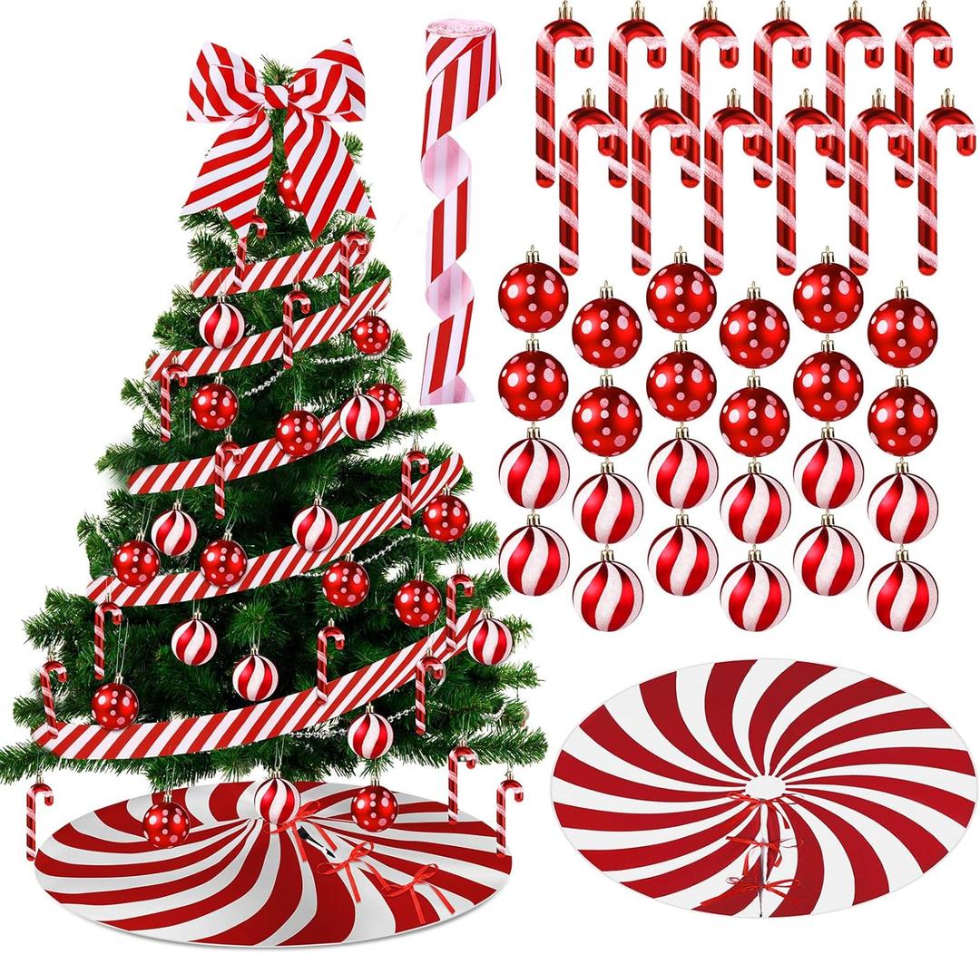 Shappy 38 Pcs Christmas Tree Ornaments Sets, Candy Cane Red White Stripes Xmas Tree Hanging Decorations, Plastic Xmas Ball Variety Shapes with Ribbon New Year Holiday Party Supplies (Cute,31.5'')