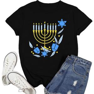 Hanukkah Shirt Women Happy Hanukkah T-Shirt Menorah Candles Short Sleeve Jewish Chanukah Tee Tops (L)