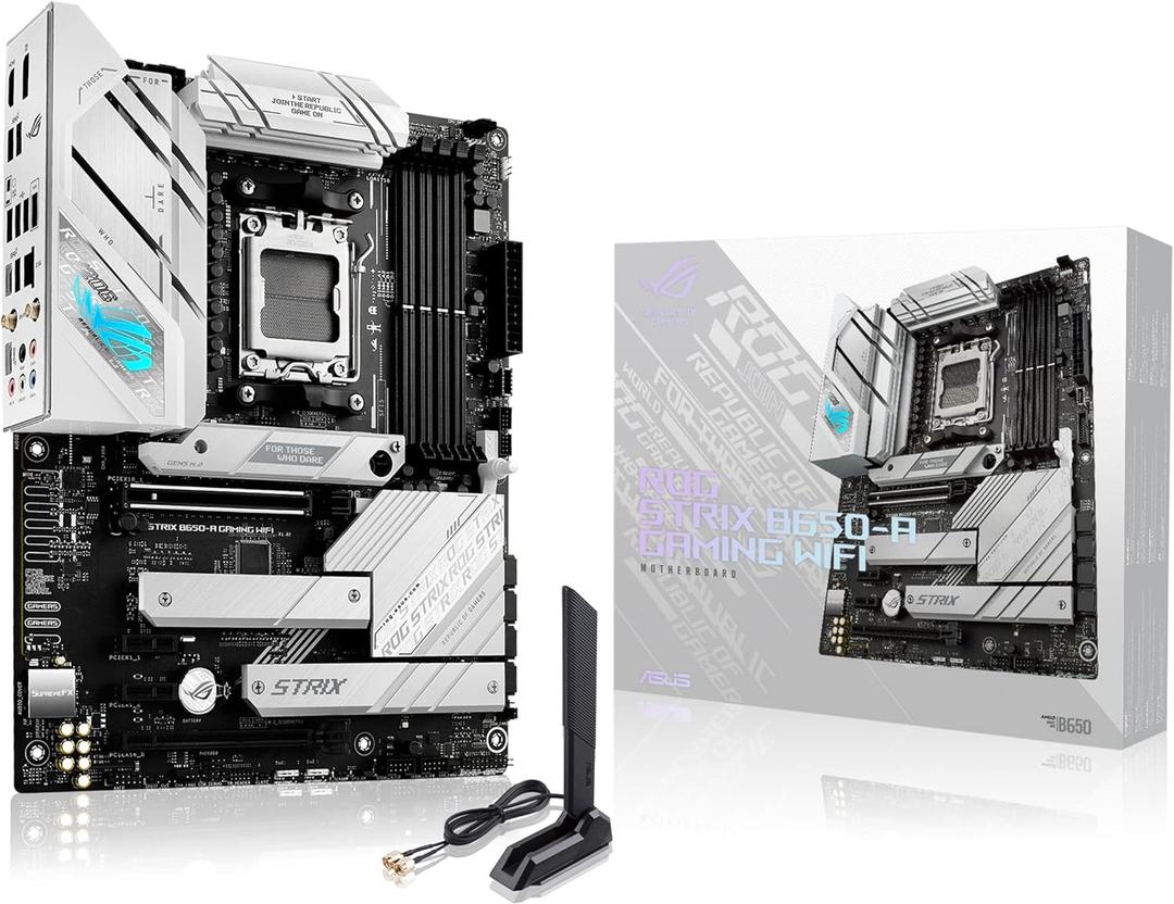 ASUS ROG Strix B650-A Gaming WiFi AMD B650 AM5 Ryzen Desktop 9000 8000 & 7000 ATX motherboard, 12 + 2 power stages, DDR5, 3x M.2 slot, PCIe 4.0, 2.5G LAN, WiFi 6E, USB 3.2 Gen 2x2 Type-C, Aura Sync