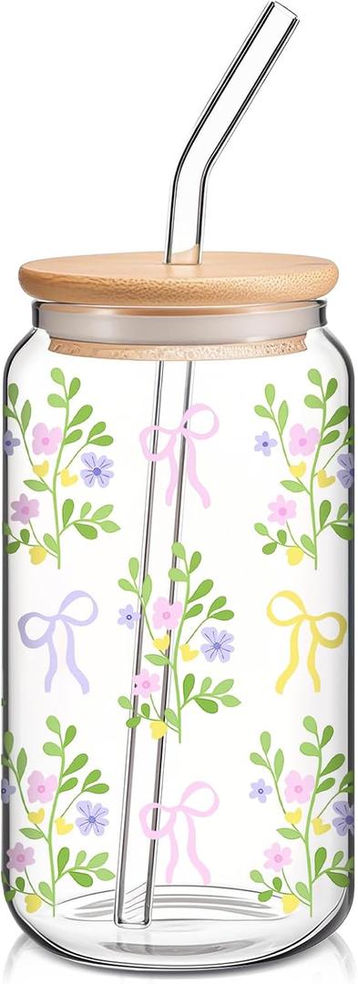Hoolerry Coquette Bow Aesthetic Cup, 16 oz Dainty Glass Cup in Pink with Lid and Straw, Vintage Coquette Aesthetic Drinking Jar for Girls Women Valentines Birthday Party Favors(Bow Plant)