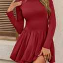 Wenrine Women Long Sleeve Bubble Mini Dress Bodycon Mock Neck Casual 2025 Cocktail Club Party Dresses (Medium, Burgundy)